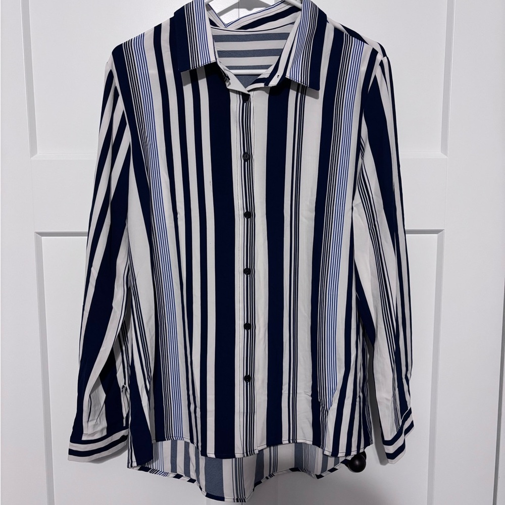 Women's Navy and White Striped Button Down Shirt